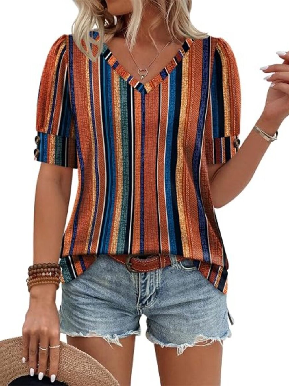 OFEEFAN Womens Tops Short Sleeve Shirts Buttons V Neck Spring Fashion Summer Out - Picture 4 of 5